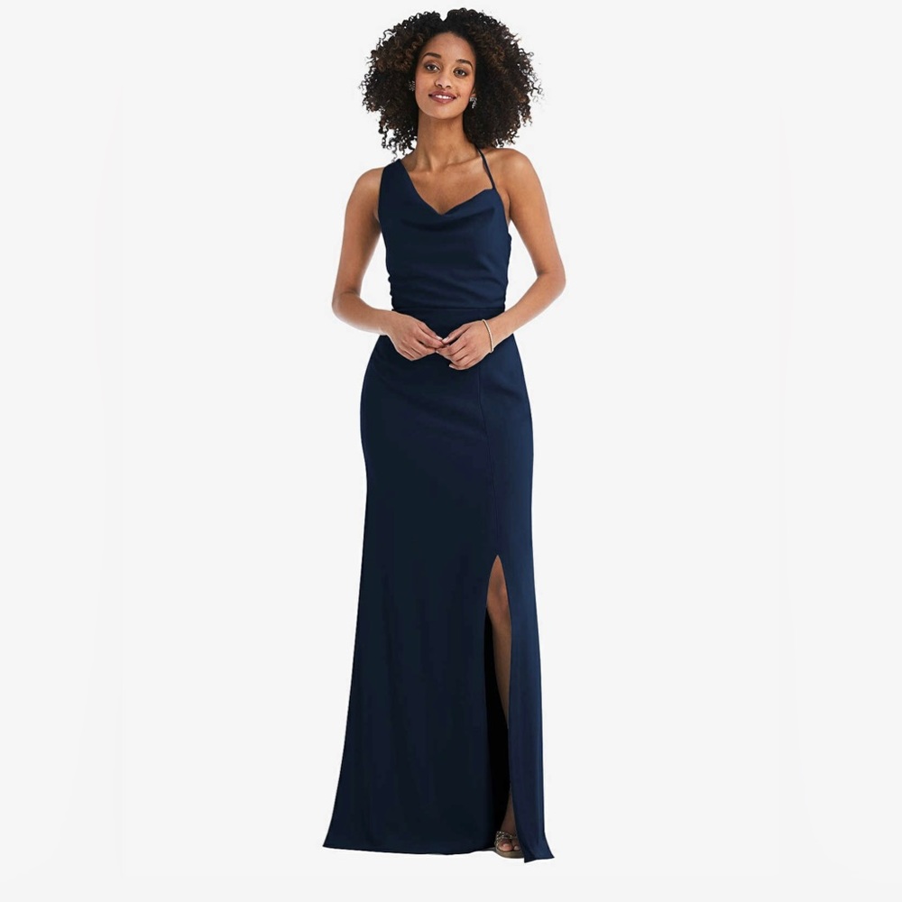 NWT After Six One Shoulder Draped Cowl Neck Maxi Dress Slit Midnight Blue Sz 16